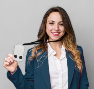 Female Holding Inovonics Duress Card